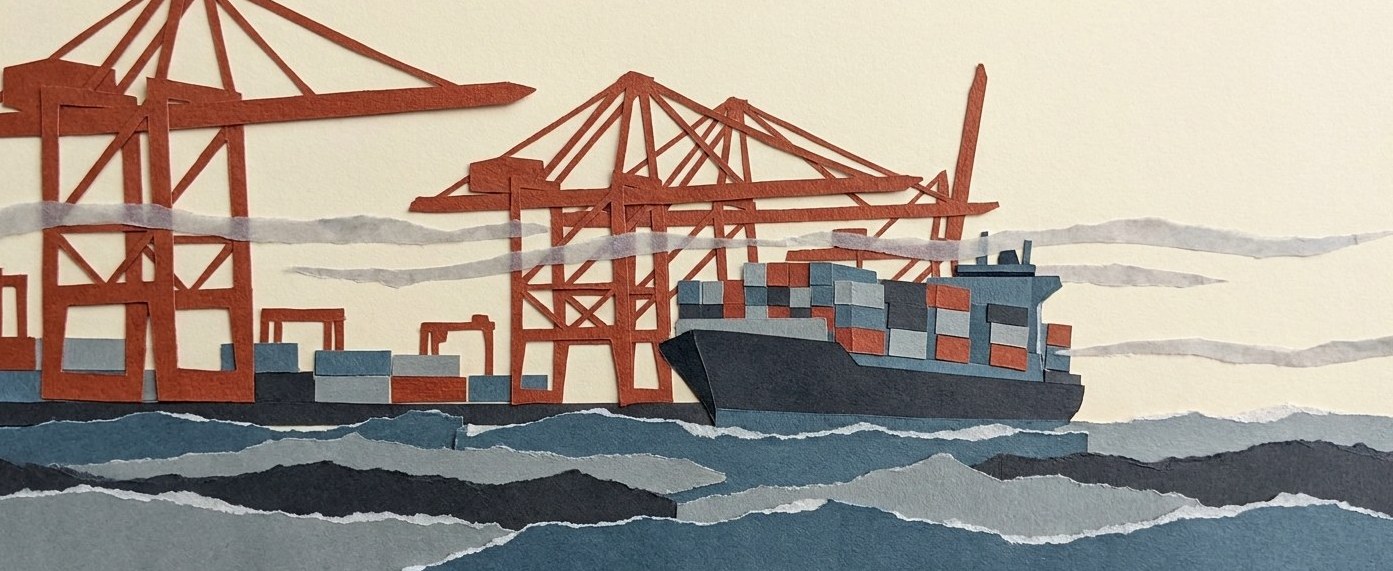 Papier-Collage: Containerkräne und Schiff im Hamburger Hafen