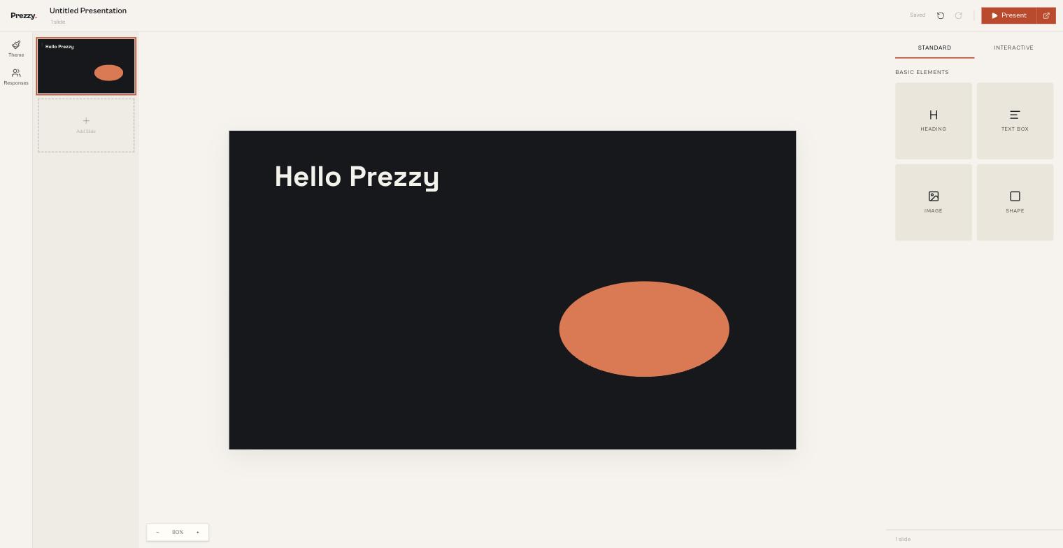 Der Slide-Editor von Prezzy mit Canvas, Werkzeugleiste und Folienübersicht